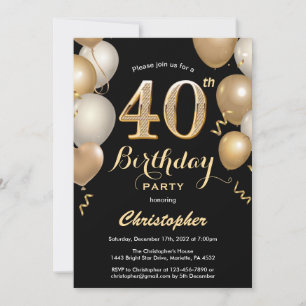 Invitación 40.º Confeti de globos negros y de oro