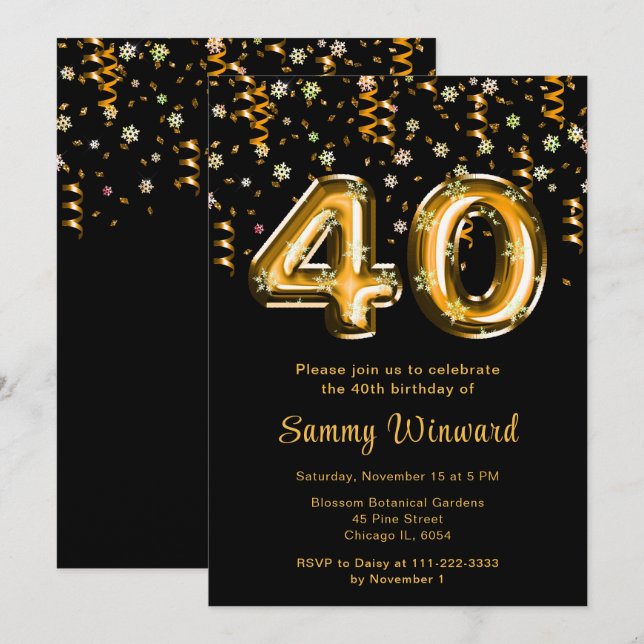 Invitación 40.º Confetti de copos de nieve con globos de oro  (Anverso / Reverso)