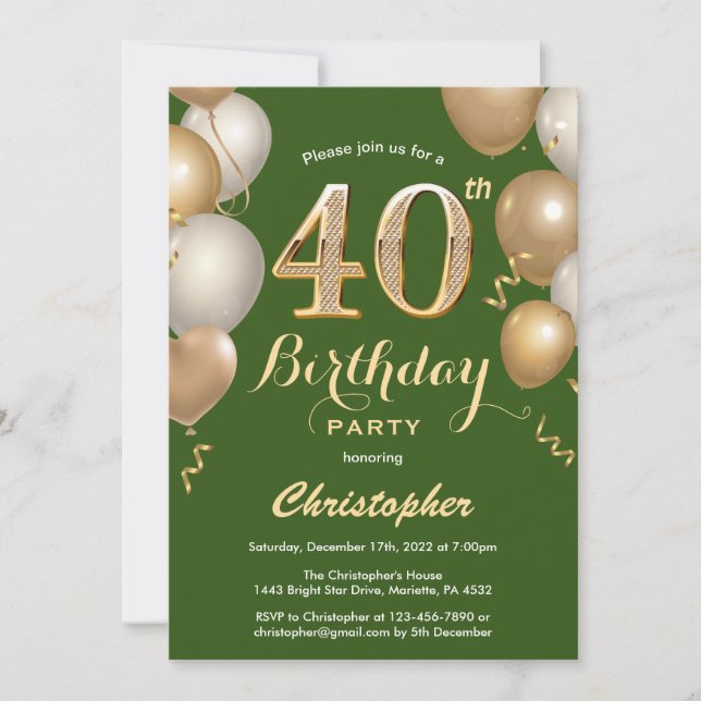 Invitación 40.º Confetti de Globos Verdes y Oro (Anverso)