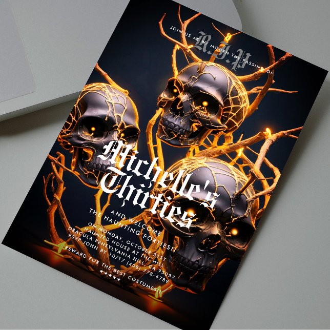 Invitación 40.º Cráneo de cumpleaños de Halloween para adulto (40th Adult Halloween Birthday Skull Modern Invitation
)