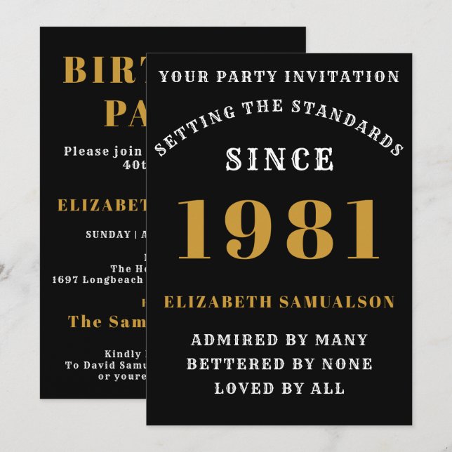 Invitación 40.º cumpleaños 1981 Oro Negro personalizado para  (Anverso / Reverso)