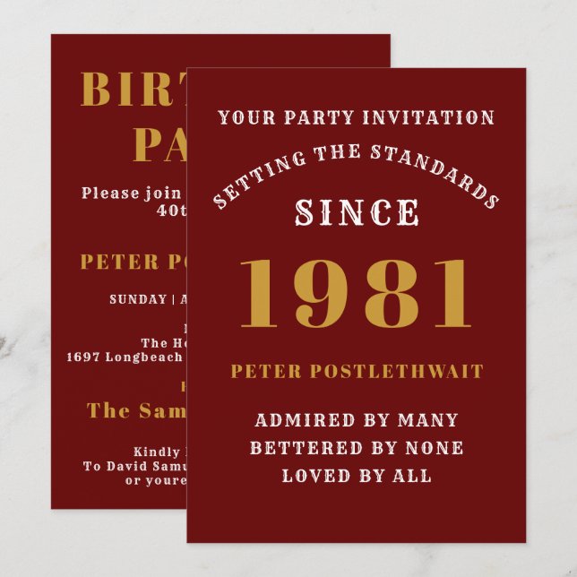 Invitación 40.º Cumpleaños 1981 Oro Rojo Personalizado Para É (Anverso / Reverso)