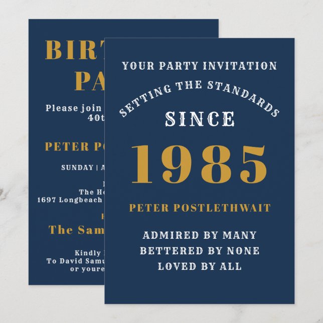 Invitación 40.º cumpleaños 1985 Oro Azul personalizado para é (Anverso / Reverso)