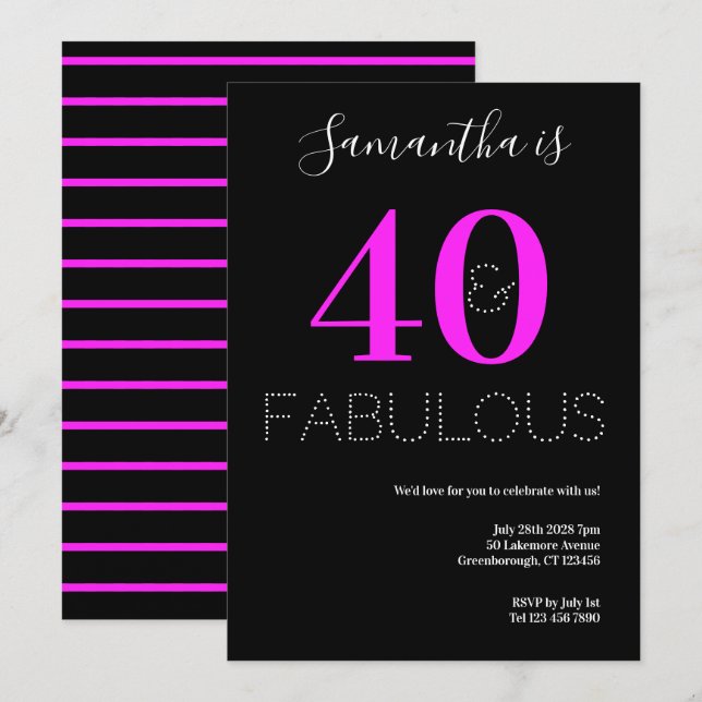 Invitación 40.º cumpleaños 40 Fabuloso Fiesta Neon Pink (Anverso / Reverso)