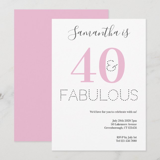Invitación 40.º cumpleaños 40 y fabuloso Fiesta rosado (Anverso / Reverso)