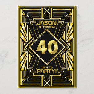 Invitación 40.º cumpleaños Art Deco Oro Gran Gatsby Negro