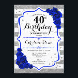 Invitación 40.º cumpleaños - Bandas blancas reales de plata a<br><div class="desc">40.ª Invitación de cumpleaños. Elegante diseño en falso purpurina plateado,  blanco y azul real. Cuenta con un fuerte estilo guion,  rayas y rosas azules. Perfecto para una elegante fiesta de cumpleaños. Se puede personalizar en cualquier edad.</div>