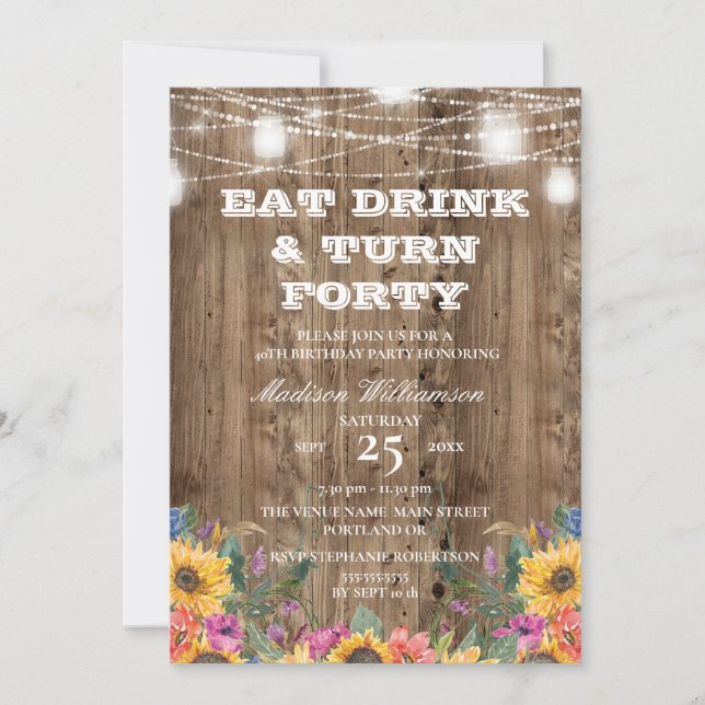 Invitación 40.º cumpleaños Barn Wood Mason Jar & Sunflower (Anverso)