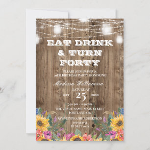 Invitación 40.º cumpleaños Barn Wood Mason Jar & Sunflower