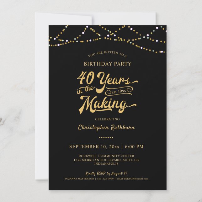 Invitación 40.º cumpleaños Black Gold String Lights (Anverso)