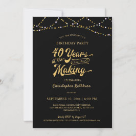 Invitación 40.º cumpleaños Black Gold String Lights