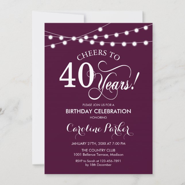 Invitación 40.º Cumpleaños - Blanco Borgoña (Anverso)