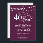 Invitación 40.º Cumpleaños - Blanco Borgoña<br><div class="desc">40.ª Invitación de cumpleaños. Elegante marrón burdeos y diseño blanco con luces de cuerda de hadas y fuente de guión. ¡Salud a 40 años! ¡Se puede personalizar en cualquier edad! Mándame un mensaje si necesitas más personalización.</div>