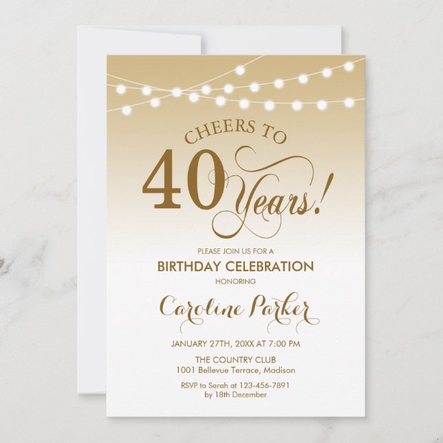Invitación 40.º cumpleaños - Blanco de oro (Anverso)