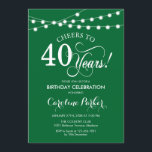 Invitación 40.º cumpleaños - Blanco verde<br><div class="desc">40.ª Invitación de cumpleaños. Diseño sencillo de color verde y blanco de selva esmeralda con luces de cadena de hadas y tipo de letra de guión. ¡Salud a 40 años! ¡Se puede personalizar en cualquier edad! Mándame un mensaje si necesitas más personalización.</div>