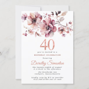 Invitación 40.º cumpleaños Burgundy Rubor Pink Floral