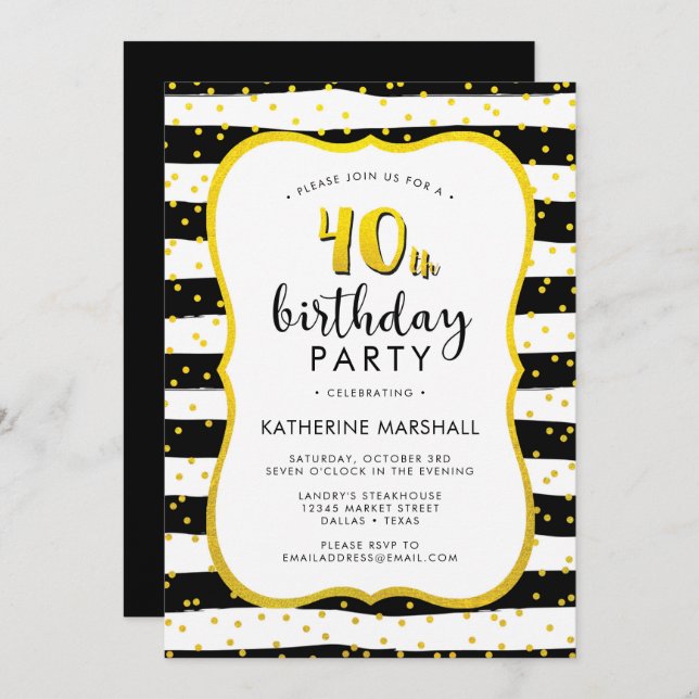 Invitación 40.º cumpleaños con oro rayado y negro (Anverso / Reverso)