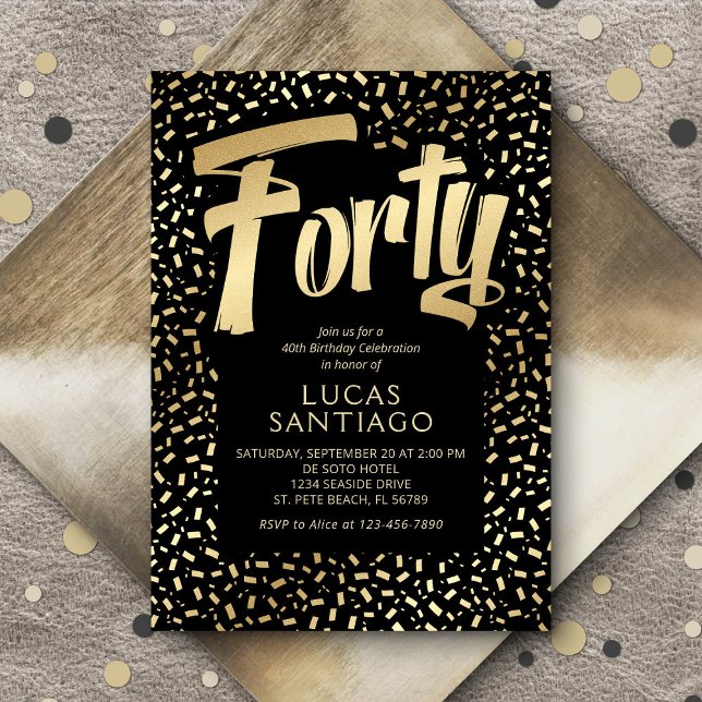 Invitación 40.º cumpleaños Confetti de oro negro (Subido por el creador)