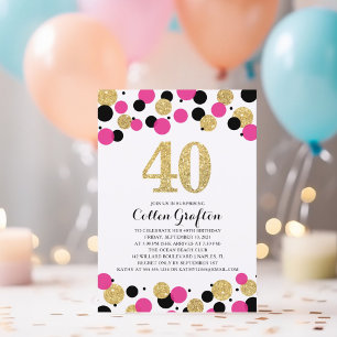 Invitación 40.º cumpleaños Confetti Purpurina de oro negro y