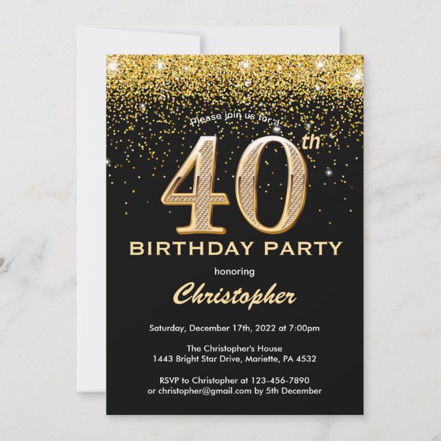 Invitación 40.º cumpleaños Confetti Purpurina de oro y negro (Anverso)