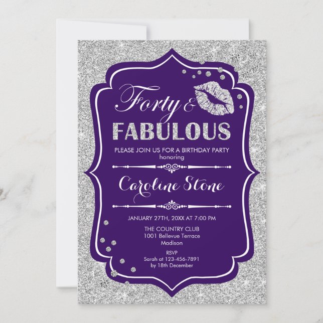 Invitación 40.º cumpleaños - Cuarenta fabulosa plata morada (Anverso)