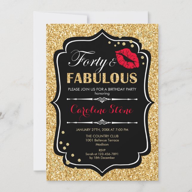 Invitación 40.º cumpleaños - Cuarenta fabulosos rojos negros  (Anverso)