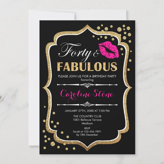 Invitación 40.º cumpleaños - Cuarenta fabulosos rosados negro (Anverso)