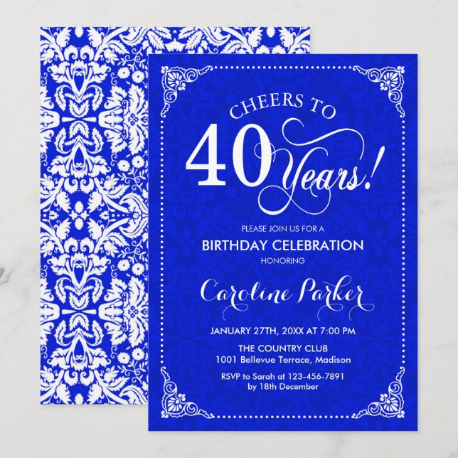 Invitación 40.º cumpleaños - Damasco blanco azul real (Anverso / Reverso)