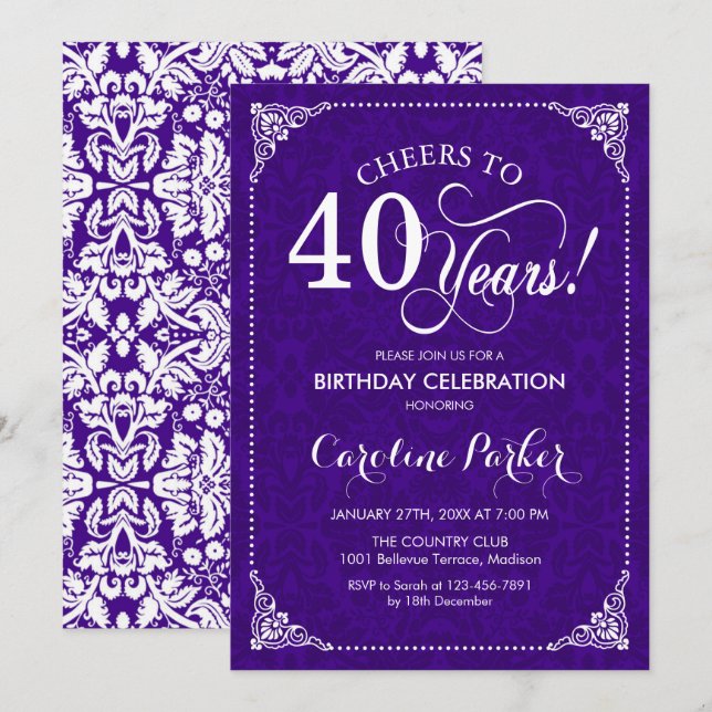 Invitación 40.º cumpleaños - Damasco blanco morado (Anverso / Reverso)