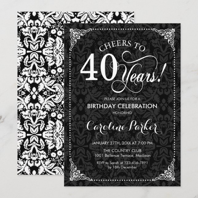 Invitación 40.º cumpleaños - Damasco blanco y negro (Anverso / Reverso)