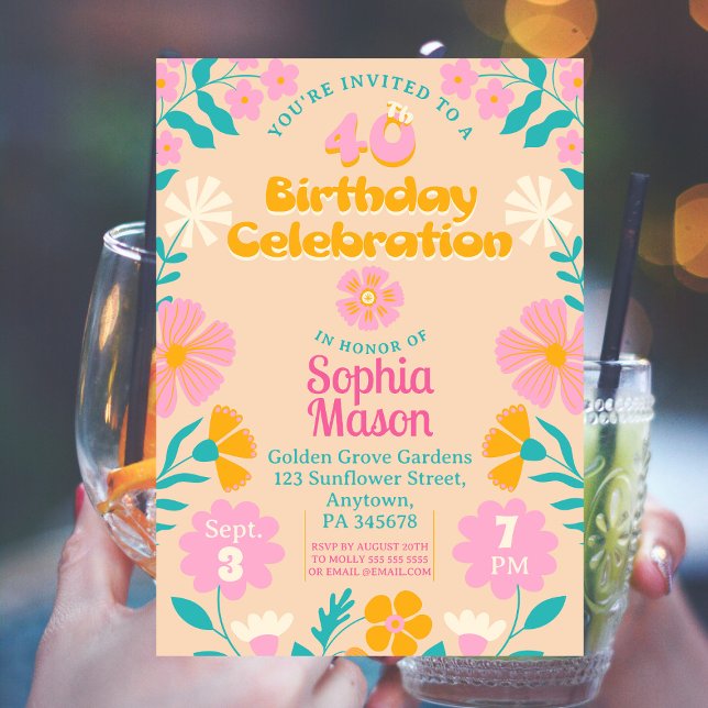 Invitación 40.º cumpleaños de Boho Flora Groovy Retro 70 (Subido por el creador)