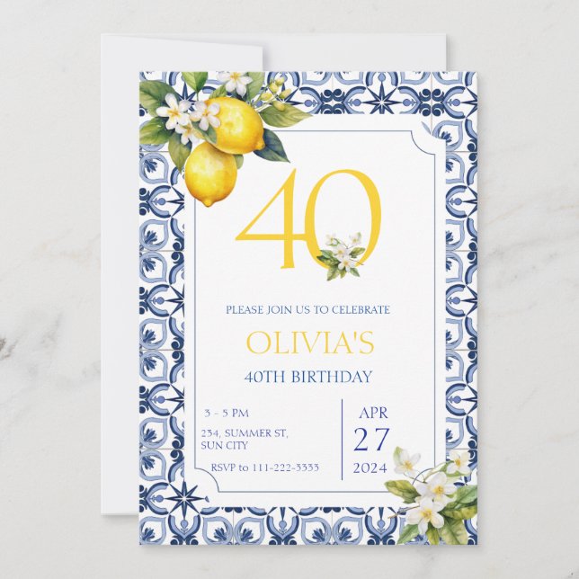 Invitación 40.º cumpleaños de cualquier edad del limón medite (Anverso)
