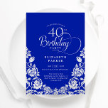 Invitación 40.º cumpleaños de los Rosas de Plata Azul Real<br><div class="desc">Elegante invitación a la fiesta de cumpleaños número 40 de la plata azul real. Diseño elegante con rosas, Relieve metalizado falso plateado y tipo de letra de guión tipográfico. La carta de invitación a la moda es perfecta para una elegante celebración de cumpleaños femenina. Personaliza con tus propios detalles. Se...</div>