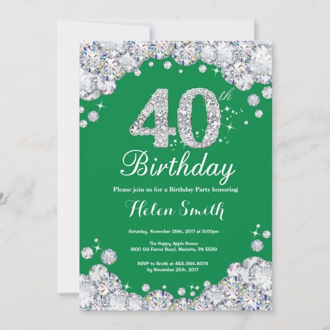 Invitación 40.º cumpleaños Diamante Verde y Plata (Anverso)