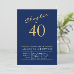 Invitación 40.º cumpleaños Dorado guión moderno azul