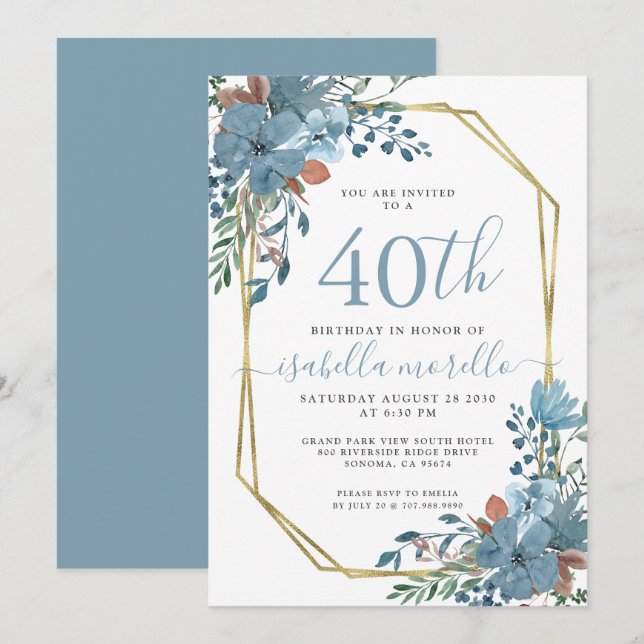 Invitación 40.º cumpleaños Dusty Blue Floral (Anverso / Reverso)