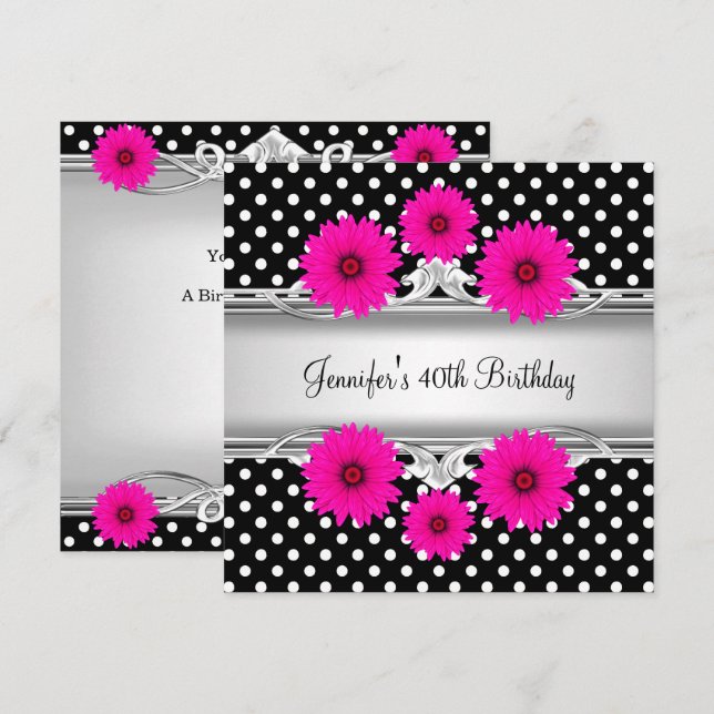Invitación 40.º cumpleaños Elegante blanco negro Punto floral (Anverso / Reverso)