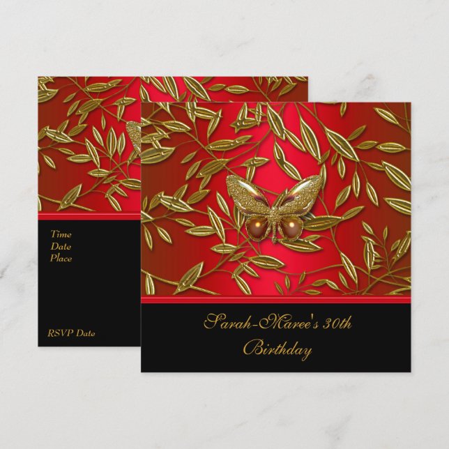 Invitación 40.º cumpleaños elegante rico mariposa roja negra (Anverso / Reverso)