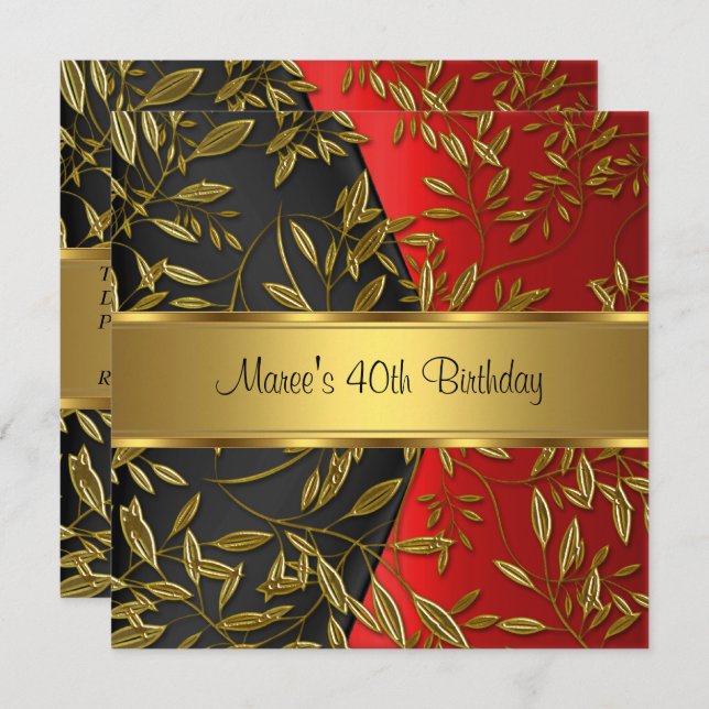 Invitación 40.º cumpleaños elegante rojo dorado floral negro (Anverso / Reverso)