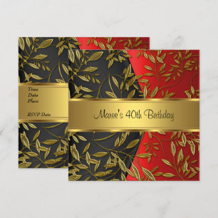 Invitación 40.º cumpleaños elegante rojo dorado floral negro