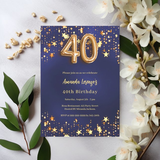 Invitación 40.º cumpleaños estrellas de oro azul marino (Subido por el creador)