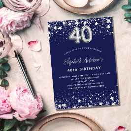 Invitación 40.º cumpleaños estrellas de plata azul marino gla