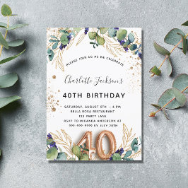 Invitación 40.º cumpleaños eucalipto verde purpurina elegante