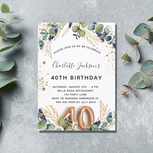 Invitación 40.º cumpleaños eucalipto verde purpurina elegante (Subido por el creador)
