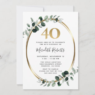 Invitación 40.º cumpleaños Eucalyptus Fiesta metálico de oro