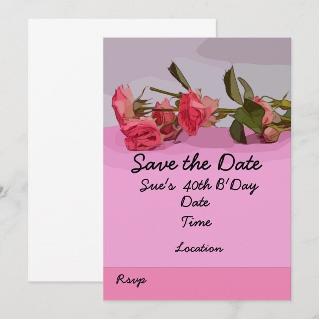 Invitación 40.º cumpleaños fecha de salvamento con rosas rosa (Anverso / Reverso)
