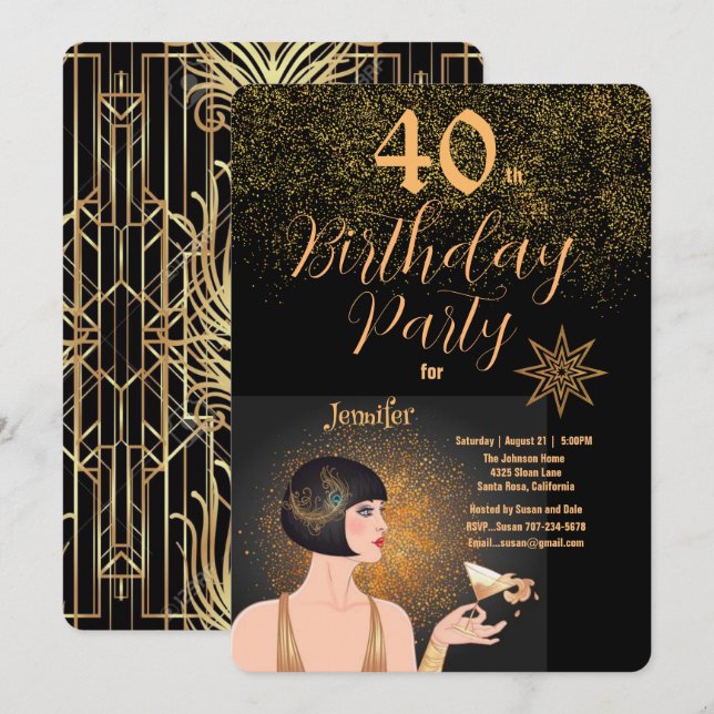 Invitación 40.º cumpleaños Fiesta Art Deco Negro y Oro (Anverso / Reverso)