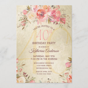 Invitación 40.º cumpleaños Fiesta de oro de rosas rosadas flo