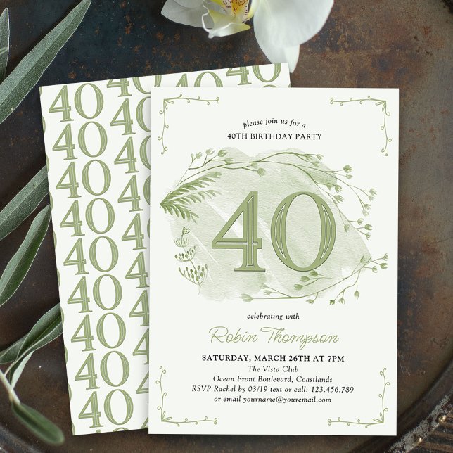 Invitación 40.º cumpleaños Flor salvaje de Dainty verde númer (40th Birthday Invitation - buy professionally printed or as digital download for printing or sharing)