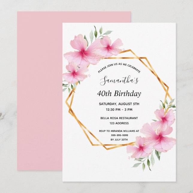 Invitación 40.º cumpleaños florales rosas geométricas de oro (Anverso / Reverso)